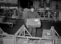 803496 Afbeelding van een medewerker van Van Gend & Loos te Nijmegen, tijdens het sorteren van pakketten.